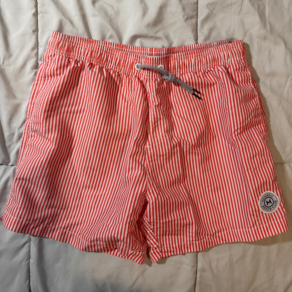 Red and White Striped Swim Shorts